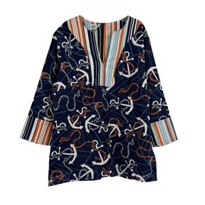 Anchor Nautical Top By One Fun Summer Karen Weaver Navy Blue Stripe Large Tunic